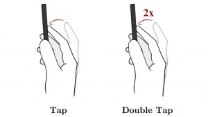 Stylized figure of two gestures performed on the back of the phone: Tap (where a user taps the back of the phone once using their index finger) and double tap (where the user taps the back of the phone twice using their index finger)