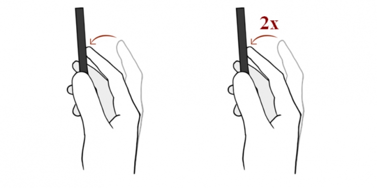 Stylized figure of two gestures performed on the back of the phone: Tap (where a user taps the back of the phone once using their index finger) and double tap (where the user taps the back of the phone twice using their index finger)